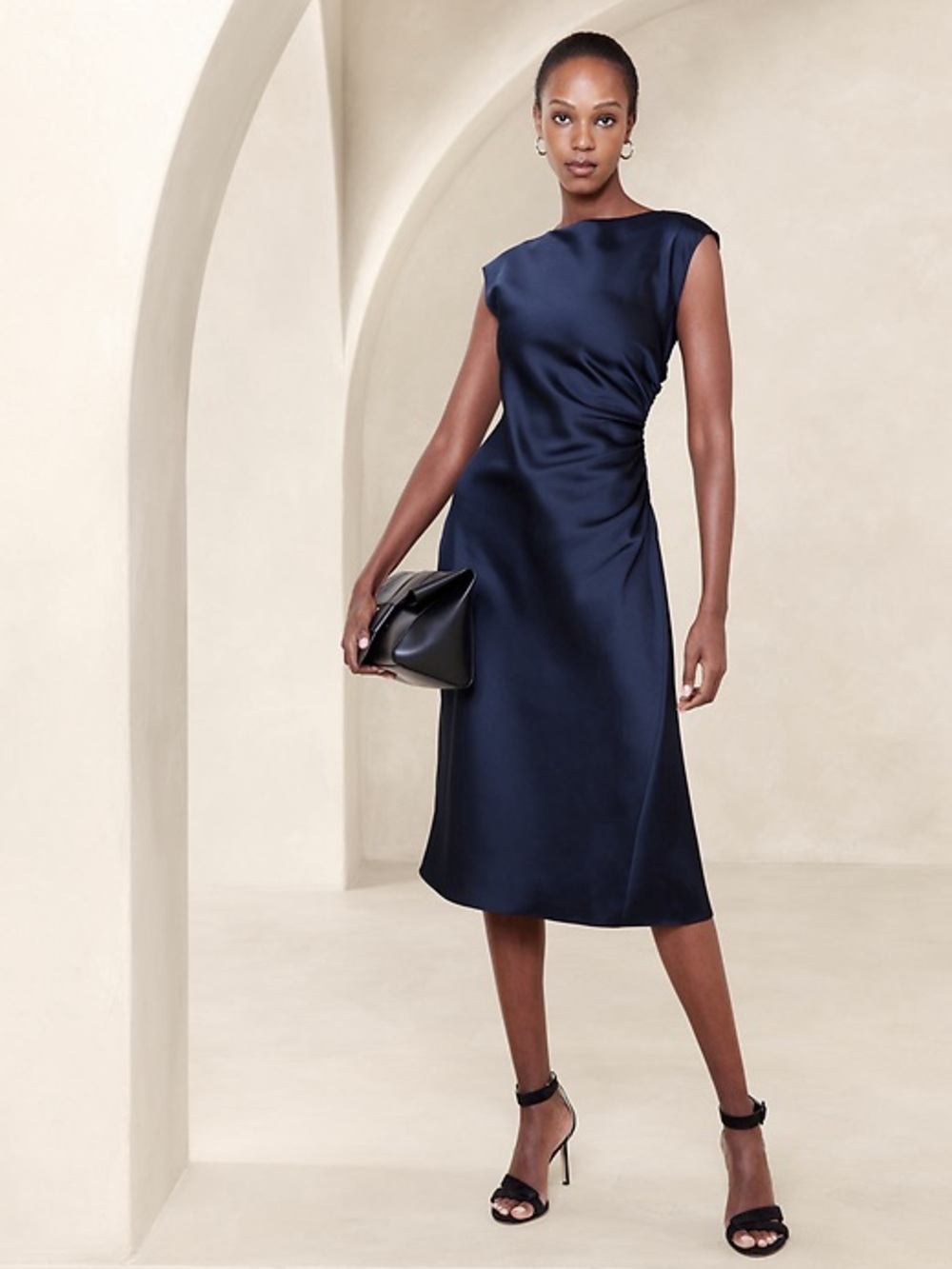 Banana Republic Navy Midi Dress with Side Gather